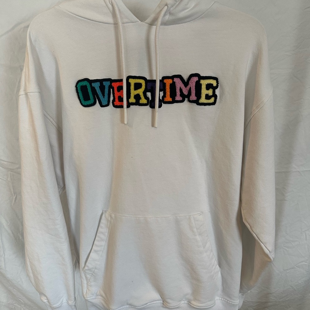 Overtime White Hoodie with Colorful Lettering